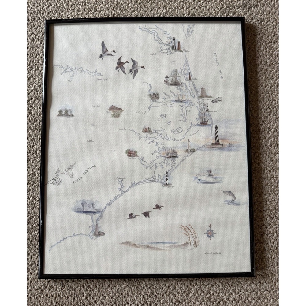 Vintage Myrna C. McGrath Signed & Framed "North Carolina Lighthouses" Map Print